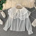 Long-sleeve Lace-trim Collared Mesh Top White - One Size