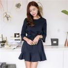 3/4-sleeve Ruffle-hem Dress With Sash