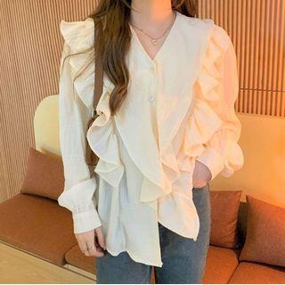 V-neck Ruffle Panel Blouse Almond - One Size