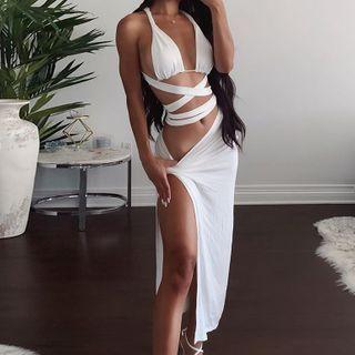 Set: Cropped Camisole Top + Tie-strap Slit Midi Pencil Skirt