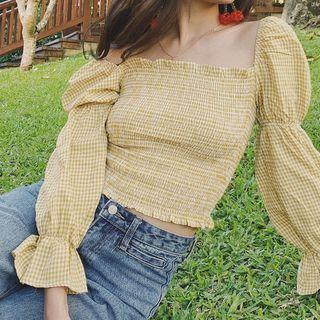 Gingham Smocked 3/4-sleeve Top