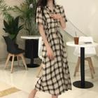 Short-sleeve Plaid Midi Shirtdress As Shown In Figure - One Size
