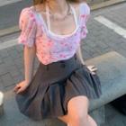 Short-sleeve Floral Crop Top / Lace Camisole Top / Pleated Mini A-line Skirt