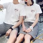 Couple Matching Short-sleeve Heart Print T-shirt / Mini A-line Plaid Skirt / Plaid Shorts