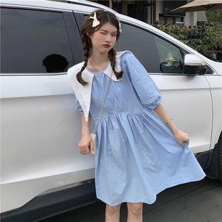 Elbow-sleeve Collared A-line Dress Blue - One Size