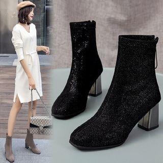 Square-toe Chunky Heel Rhinestone Short Boots