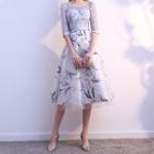 Flower Print Lace Trim Elbow-sleeve A-line Midi Prom Dress