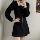 Long-sleeve Zipped Mini Dress Black - One Size