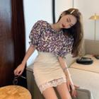 Color-block Floral Ruffle Blouse / High-waist Pleated Lace Mini Skirt