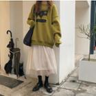 Hooded Print Pullover / Midi Mesh-overlay A-line Skirt