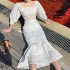 Eyelet Lace Puff-sleeve Blouse / Midi Pencil Skirt