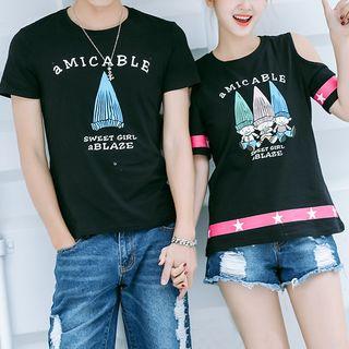 Couple Matching Printed Short Sleeve T-shirt / Cut Out Shoulder Short Sleeve T-shirt