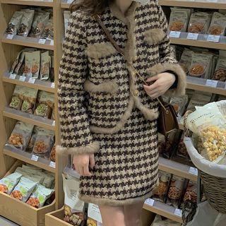 Fleece Houndstooth Cropped Jacket / Woolen High-waist A-line Mini Skirt