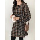 Round-neck Buttoned Check Mini Dress One Size