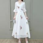 Floral Embroidered Elbow-sleeve Chiffon Midi A-line Dress