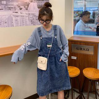 Embroidered Denim Jumper Pants Denim Blue - One Size