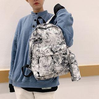 Set: Faux Leather Printed Backpack + Pouch