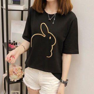 Elbow-sleeve Rabbit Embroidery T-shirt