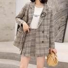 Set: Plaid Double Breasted Blazer + Pleated Skirt
