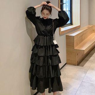 Lace Collar Long-sleeve Midi Tiered A-line Dress