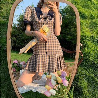 Plaid Bow Pleated Mini Dress