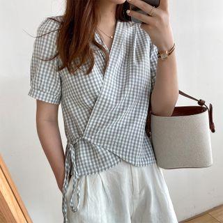 Plaid Short-sleeve Wrap Blouse Plaid - Gray - One Size
