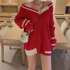 Oversized Contrast-color V-neck Sweater Red - One Size