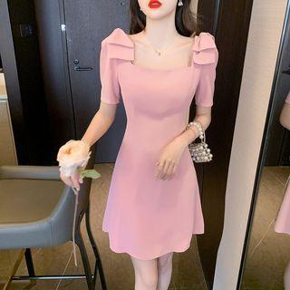 Square-neck Short-sleeve Bow A-line Dress