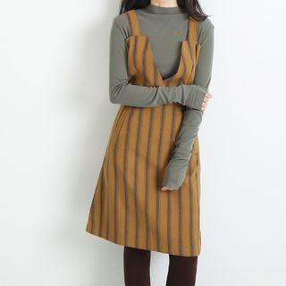 Set: Long-sleeve Mock-neck T-shirt + Striped A-line Pinafore Dress
