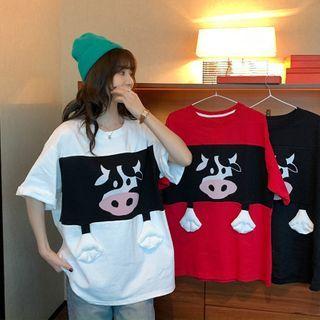 Short-sleeve Cartoon Cow Print T-shirt