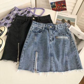 Zip-accent Distressed Denim Mini A-line Skirt