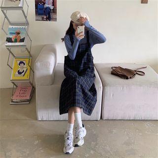High-neck Plain Top + Plaid Woolen Pinafore Dress
