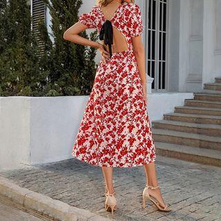 Short-sleeve Floral Ribbon-back Midi A-line Dress