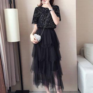 Short-sleeve Rhinestone A-line Mesh Dress