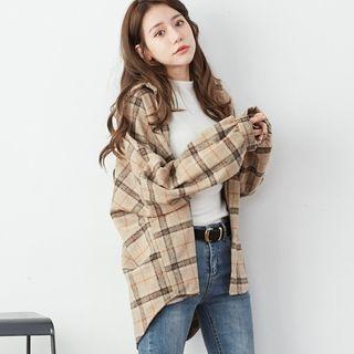 Drop Shoulder Plaid Oversized Shirt Jacket Khaki - One Size