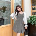 Contrast Long Sleeve V-neck Gingham A-line Dress