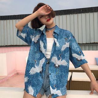 Crane Print Short-sleeve Shirt