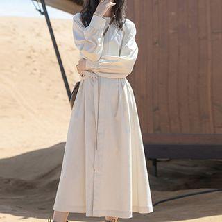 Long-sleeve Round Neck Plain Loose Fit Lace Up Midi Dress