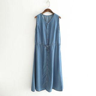 Sleeveless Buttoned Drawstring Waist Denim Dress