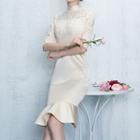 Lace Panel Mandarin Collar Short Sleeve Evening Dress