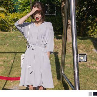 Elbow Sleeve V-neck Tie-waist A-line Dress