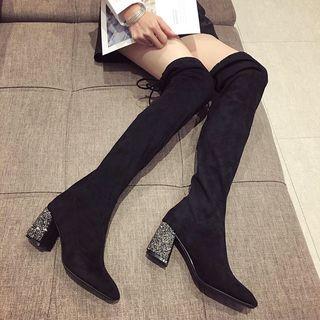 Rhinestone Block Heel Square-toe Over-the-knee Boots