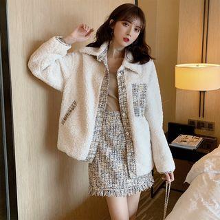 Tweed Panel Buttoned Lambswool Jacket / Tweed Jumper Skirt