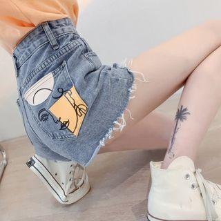 Print High Waist Denim Shorts