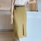 Slit Midi Pencil Skirt With Belt