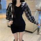 Mock Two-piece Long-sleeve Plaid Panel Mini Sheath Dress