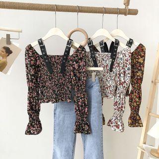 Leather Double Shoulder Strap Ruffled Puff Sleeve Doll Shirt