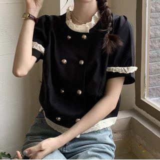 Puff-sleeve Ruffle Trim Blouse Black - One Size