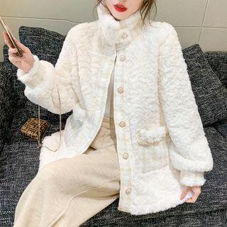 Stand Collar Plaid Panel Fleece Jacket