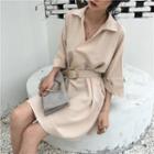 Elbow-sleeve Plain V-neck Shirt Dress